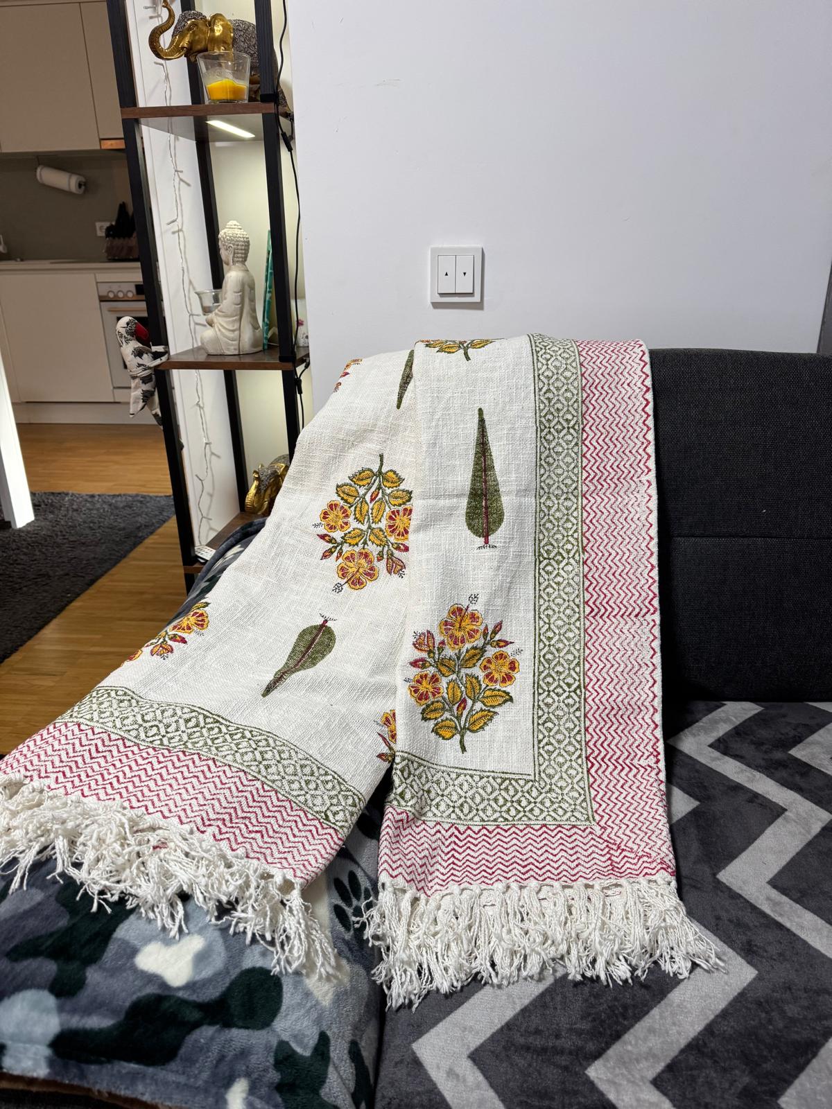 Boho Sofadecke 230×135 cm, Handbedruckte Blockprint Baumwolle aus Indien