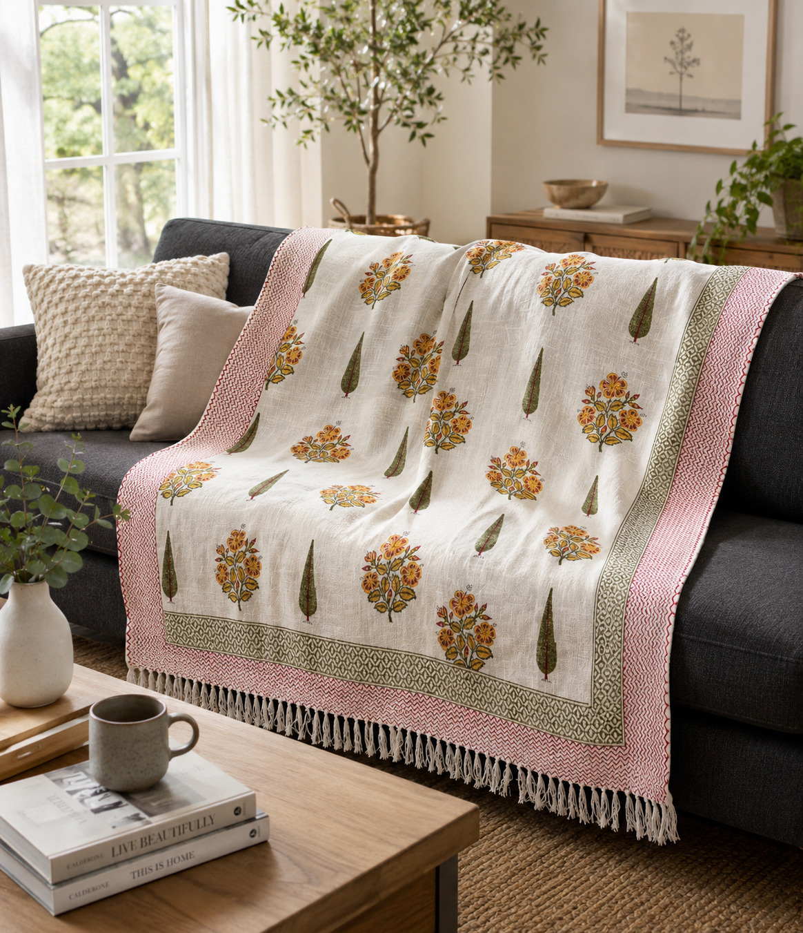 Boho Sofadecke 230×135 cm, Handbedruckte Blockprint Baumwolle aus Indien